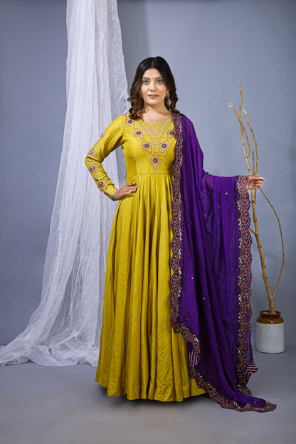 Vibrant Yellow Anarkali Gown with Purple Dupatta