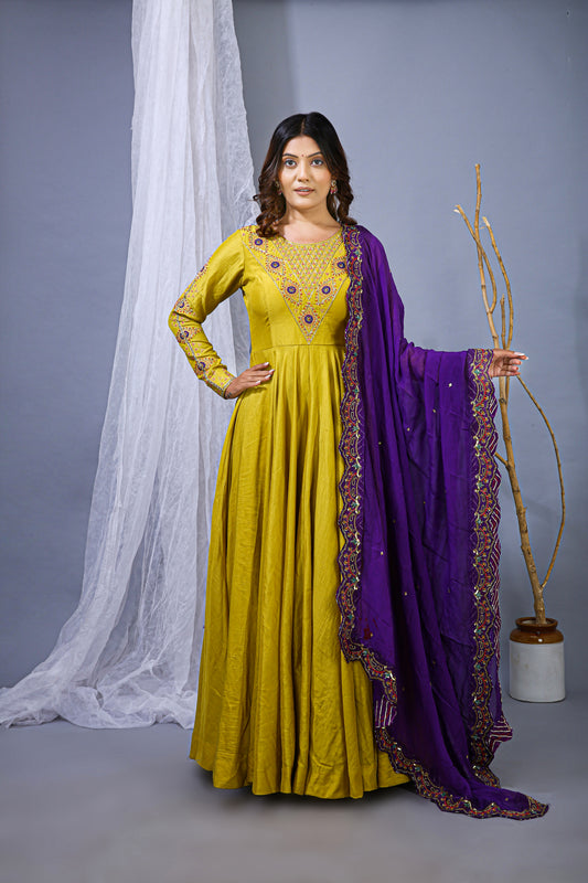 Vibrant Yellow Anarkali Gown with Purple Dupatta