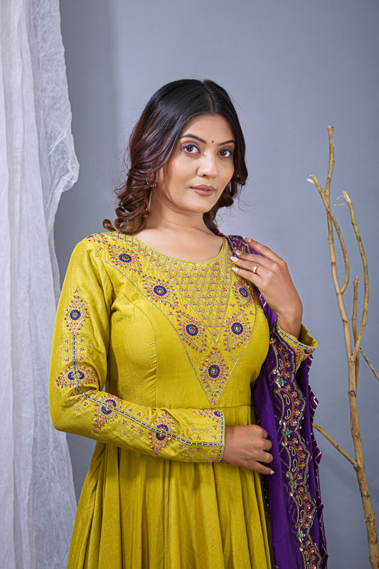 Vibrant Yellow Anarkali Gown with Purple Dupatta