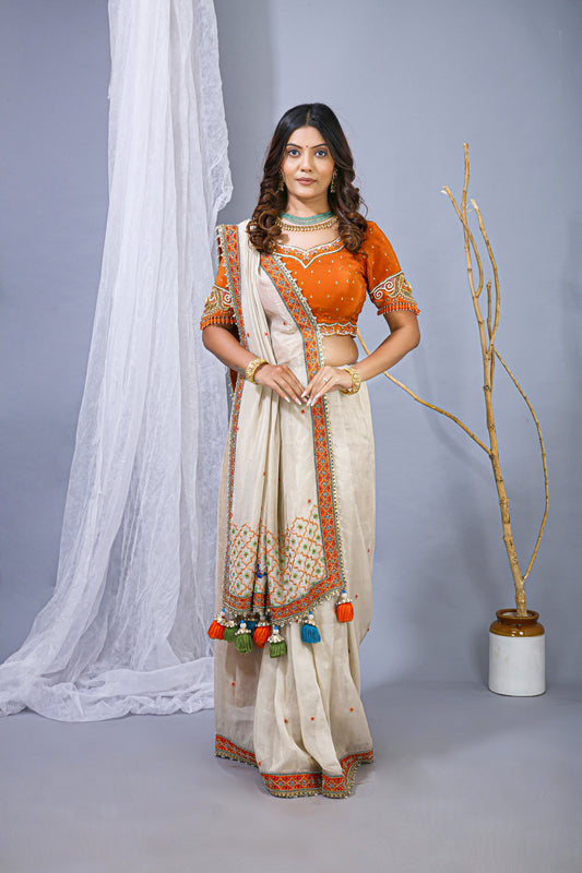 Offwhite Orange Zari Organza Saree – Khatali Embroidery Work