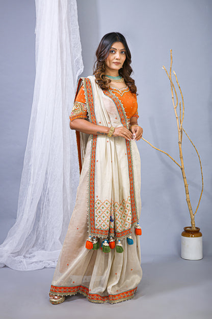 Offwhite Orange Zari Organza Saree – Khatali Embroidery Work