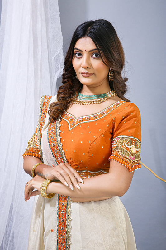 Offwhite Orange Zari Organza Saree – Khatali Embroidery Work