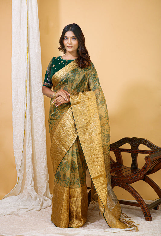 Green and Gold Tissue Organza Saree with Hand Embroidered Blouse