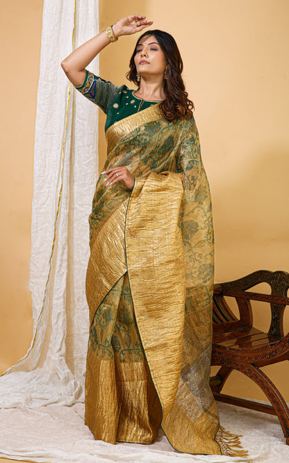 Green and Gold Tissue Organza Saree with Hand Embroidered Blouse