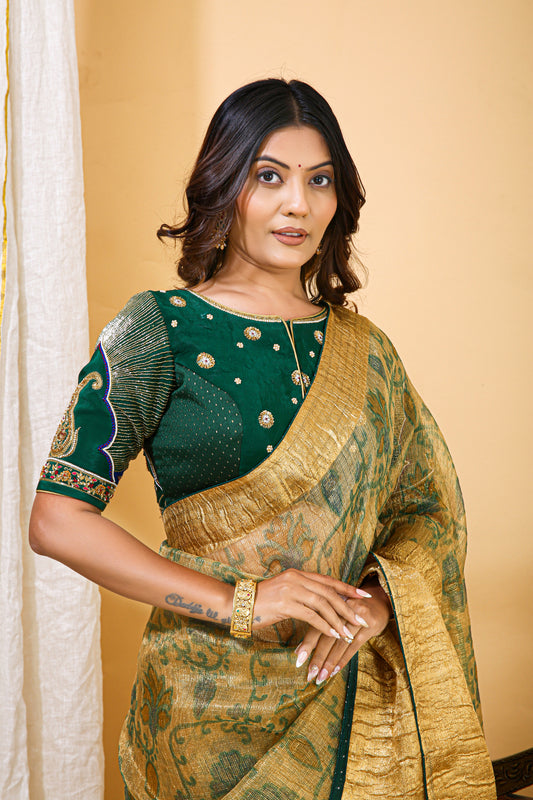 Green and Gold Tissue Organza Saree with Hand Embroidered Blouse