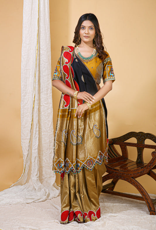 Gold and Red Silk Saree with Blouse - Keri Motif Border Hand Embroidery