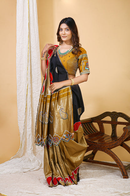 Gold and Red Silk Saree with Blouse - Keri Motif Border Hand Embroidery