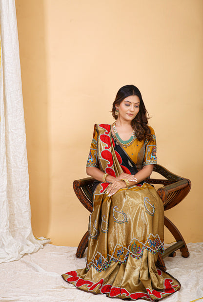 Gold and Red Silk Saree with Blouse - Keri Motif Border Hand Embroidery