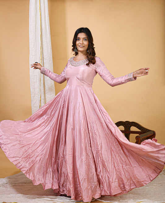 Blush Pink Silk Anarkali with Embroidered Dupatta