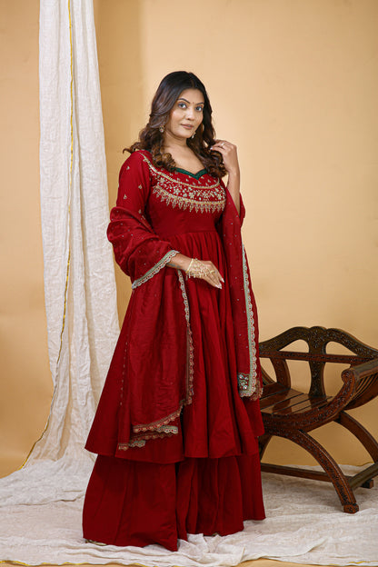 Red Embroidered Anarkali Gown with Dupatta