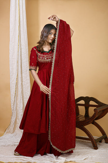Red Embroidered Anarkali Gown with Dupatta