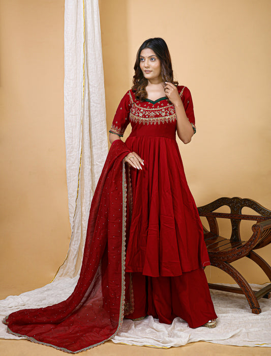 Red Embroidered Anarkali Gown with Dupatta