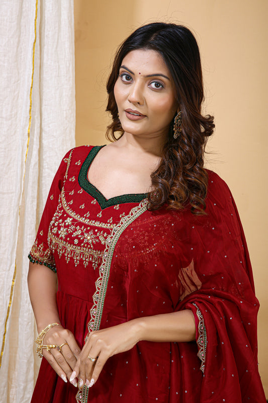Red Embroidered Anarkali Gown with Dupatta