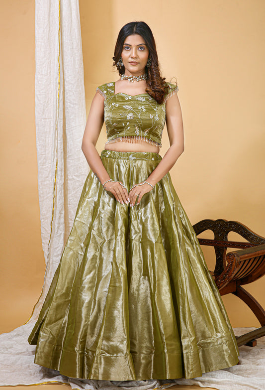 Olive Green Organza Embroidered Lehenga Choli