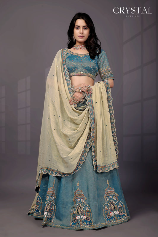 Rama Jari Tissue Lehenga Choli – Elephant Motif Hand Embroidery