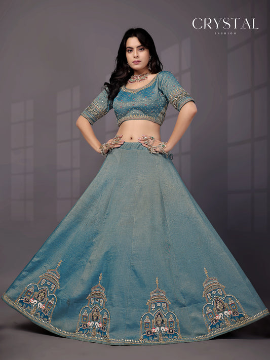 Rama Jari Tissue Lehenga Choli – Elephant Motif Hand Embroidery