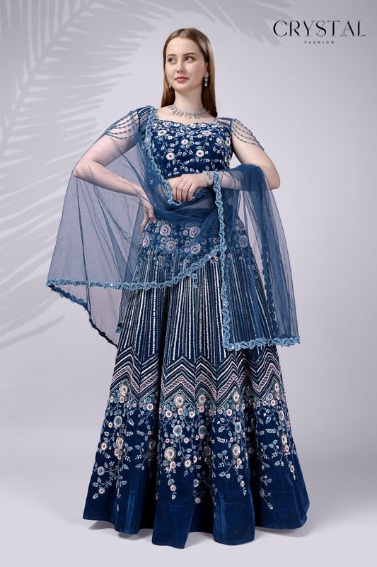 Rama Velvet Lehenga Choli – Hand Embroidered Crystal Work