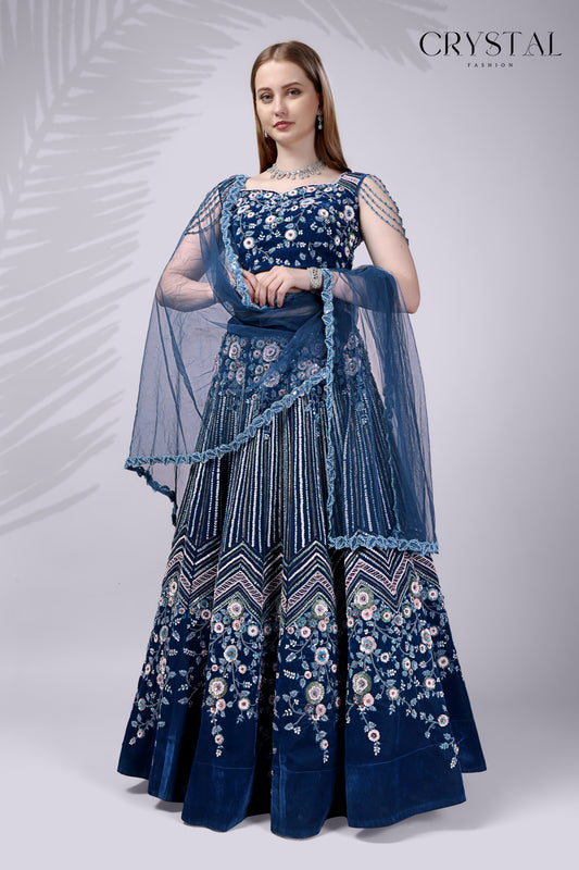 Rama Velvet Lehenga Choli – Hand Embroidered Crystal Work
