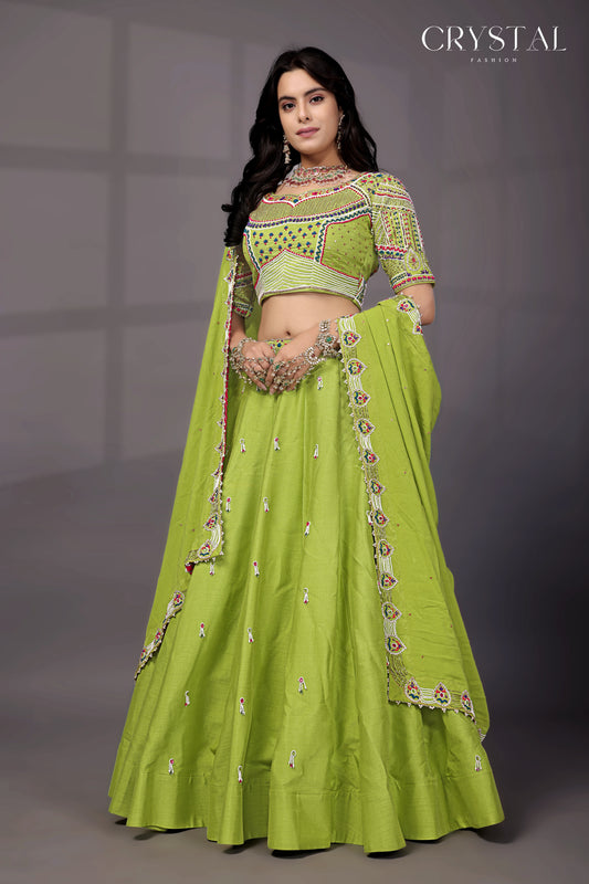 Neon Parrot Silk Lehenga Choli – Crystal Beads Hand Embroidery Work
