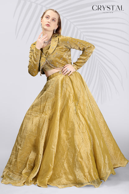 Gold Embroidered Silk Lehenga Choli - Beats Hanging Work