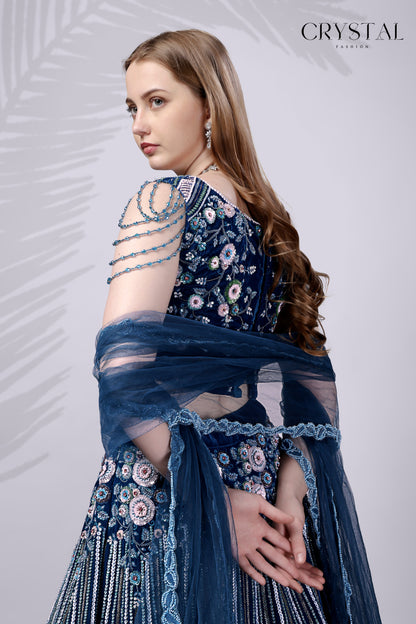 Rama Velvet Lehenga Choli – Hand Embroidered Crystal Work