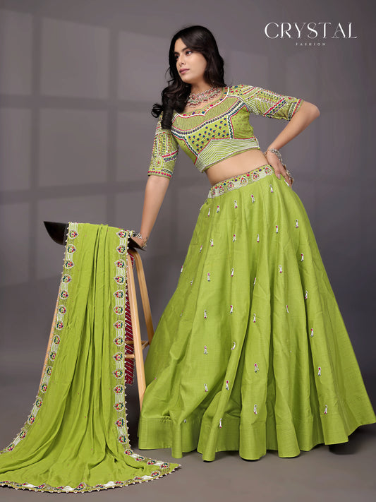 Neon Parrot Silk Lehenga Choli – Crystal Beads Hand Embroidery Work