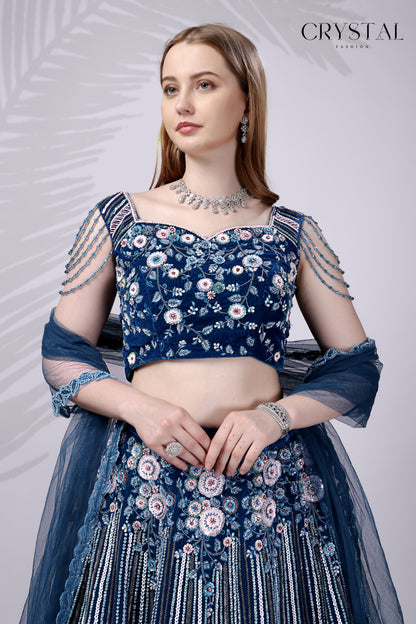 Rama Velvet Lehenga Choli – Hand Embroidered Crystal Work