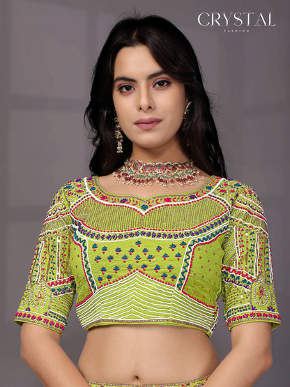 Neon Parrot Silk Lehenga Choli – Crystal Beads Hand Embroidery Work