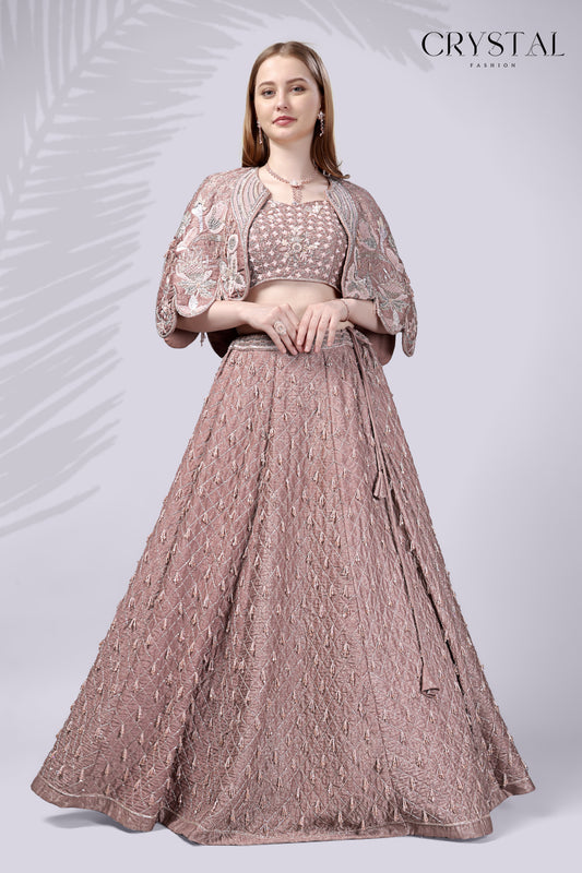 Peach Western Lehenga Choli – Crystal Embellishment Work