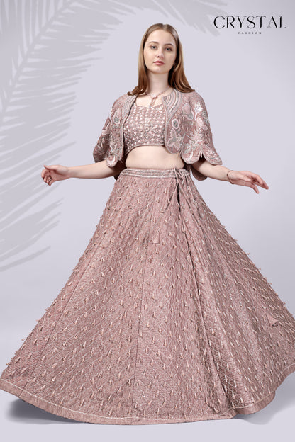Peach Western Lehenga Choli – Crystal Embellishment Work