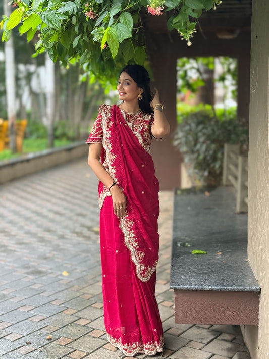 Regal Red Moti Handwork Saree with Heavily Embroidered Designer Blouse