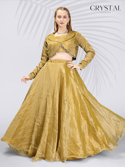Gold Embroidered Silk Lehenga Choli - Beats Hanging Work