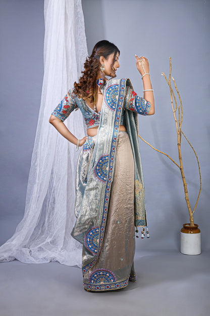 Sky Banarasi Silk Saree – Peacock Pallu Embroidery Work