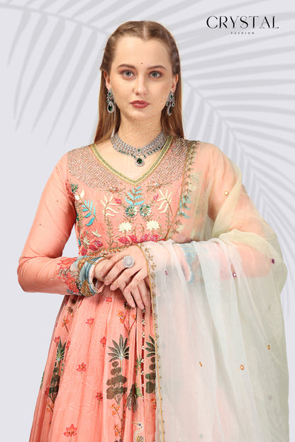 Peach Digital Print Indo-Western – Subtle Hand Embroidery Touch