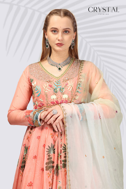Peach Digital Print Indo-Western – Subtle Hand Embroidery Touch