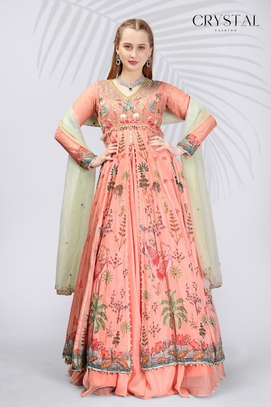 Peach Digital Print Indo-Western – Subtle Hand Embroidery Touch