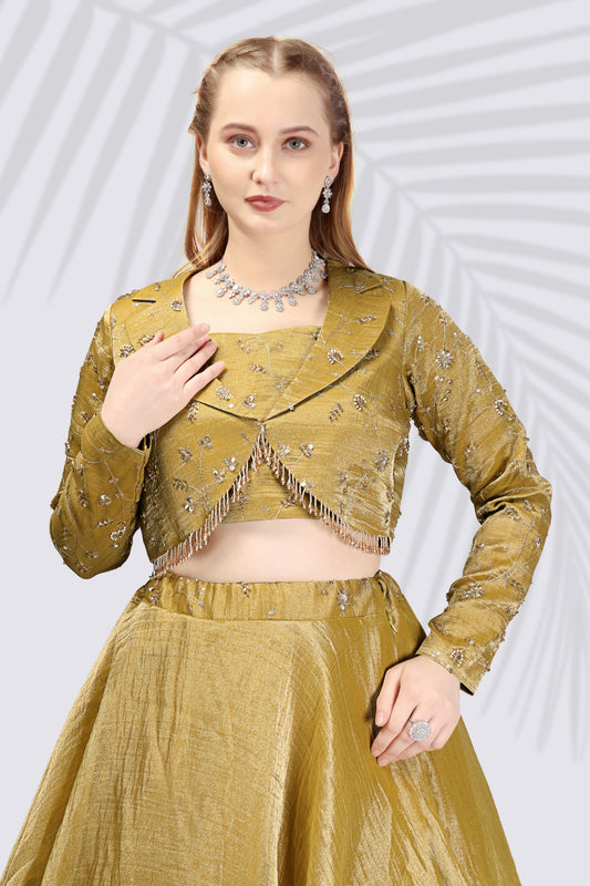 Gold Embroidered Silk Lehenga Choli - Beats Hanging Work