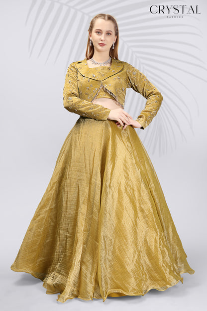 Gold Embroidered Silk Lehenga Choli - Beats Hanging Work