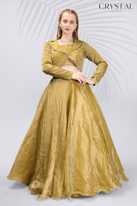 Gold Embroidered Silk Lehenga Choli - Beats Hanging Work