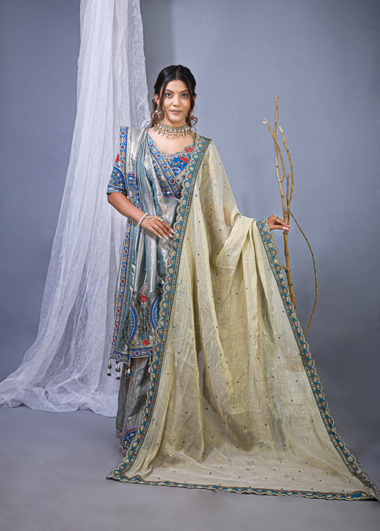 Sky Banarasi Silk Saree – Peacock Pallu Embroidery Work